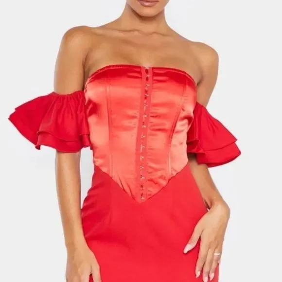 fitted lace wedding dress midelxp Women's Deep Red Satin Mini Cocktail Dress - One Shoulder Back,  High Waist, Cowl Neck - Adult Women's Size Small